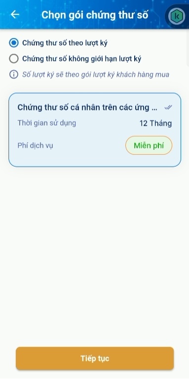 Chọn gói chứng thư số theo lượt ký và nhấp vào gói Miễn phí 12