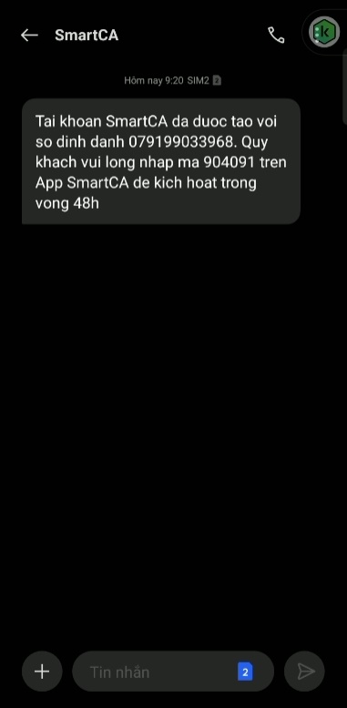 Tin nhắn kích hoạt tài khoản smart CA